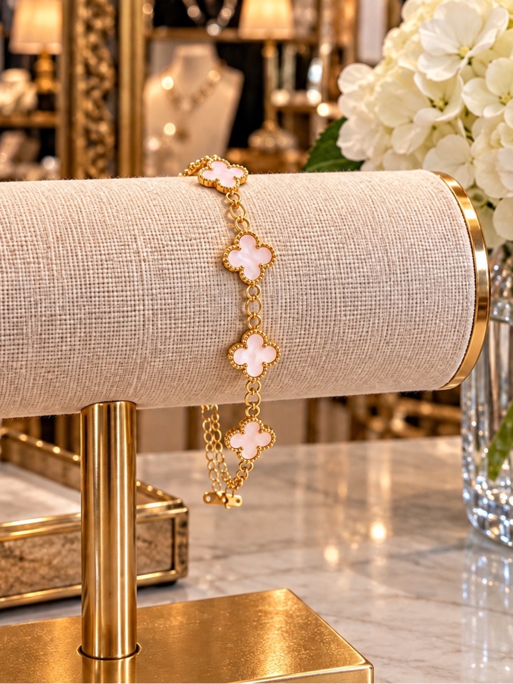 Gold-Plated Bracelet with Pink Clover Motifs
